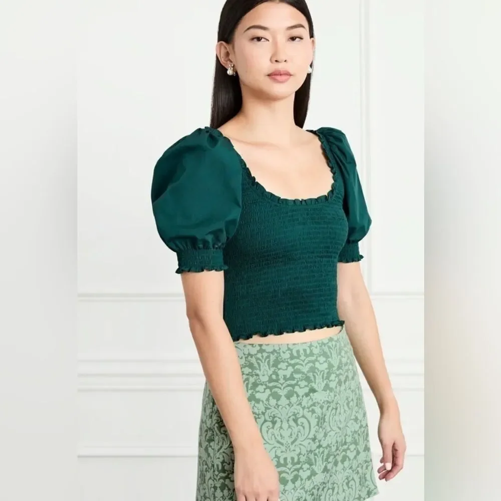 Hill House Dark Green Puff Sleeve Blouse NWOT